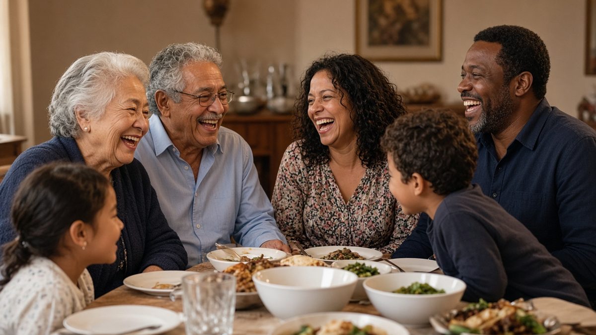 Three generations laughing together at the dinner table