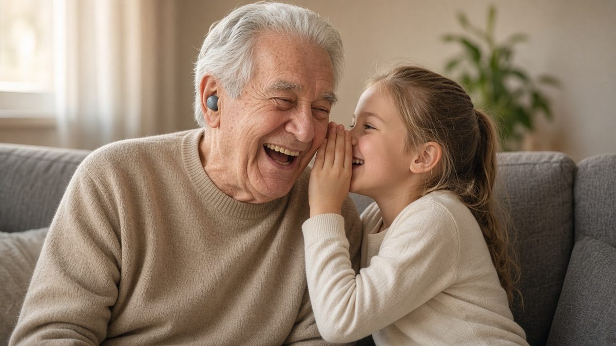 A grandfather laughing with his granddaughter