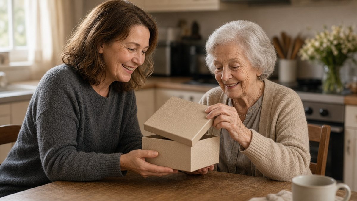 A daughter handing her mom the SoundPals gift box