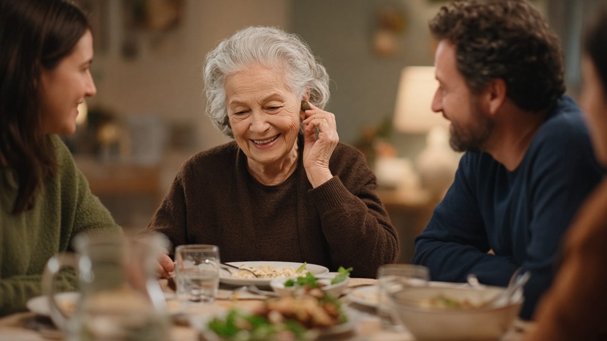 A grandparent at dinner tapping an earbud to turn up the volume